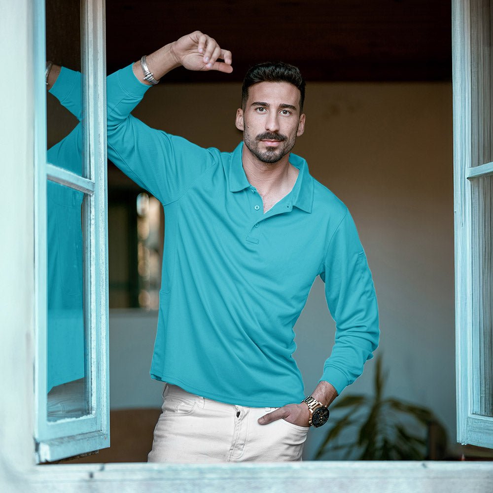 Ice Blue Men's Quick Dry Tactical Polo - Long Sleeve Performance Shirt - MAGCOMSEN