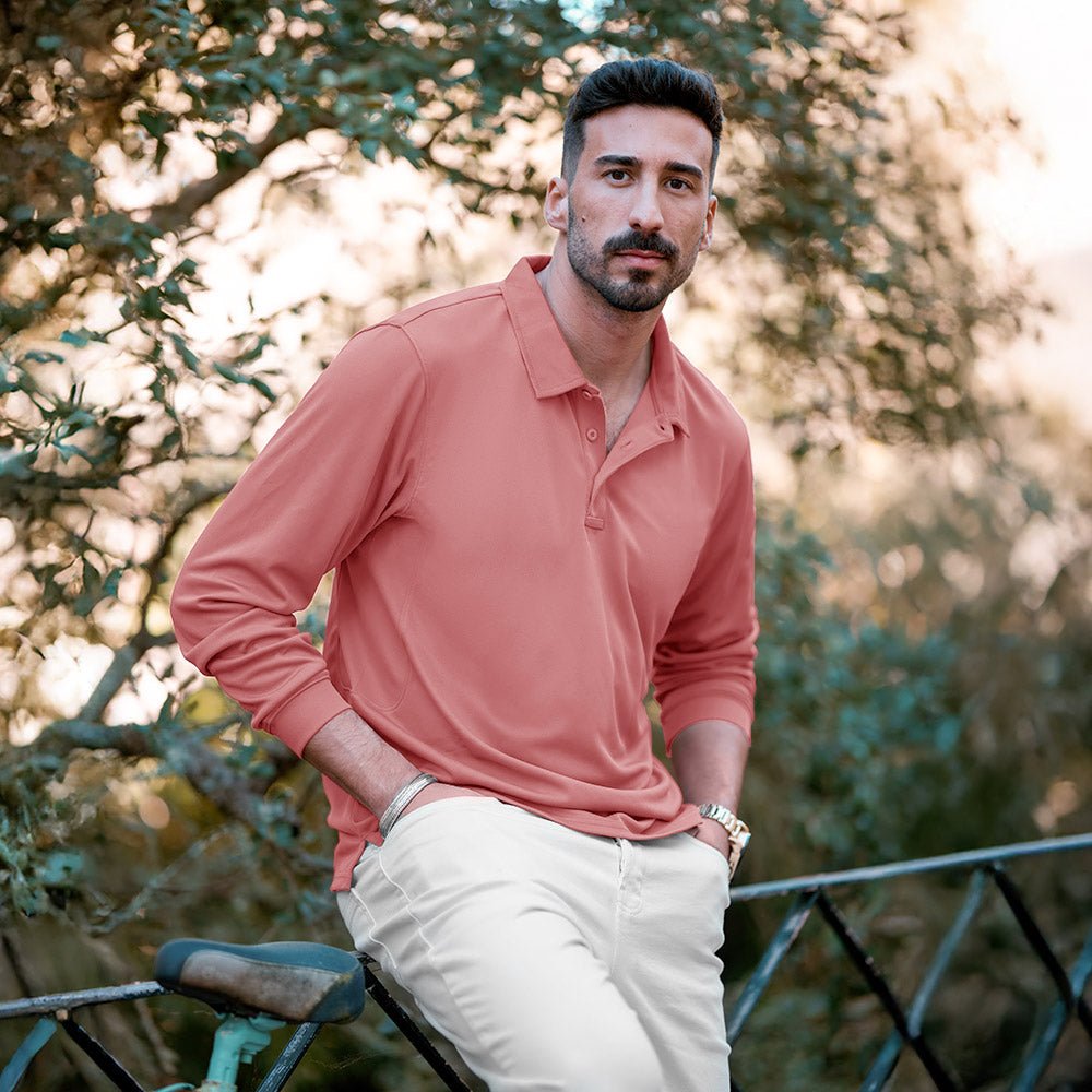 Grey Pink Men's Quick Dry Tactical Polo - Long Sleeve Performance Shirt - MAGCOMSEN