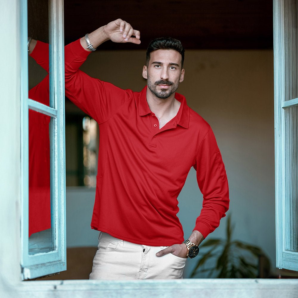 Red Men's Quick Dry Tactical Polo - Long Sleeve Performance Shirt - MAGCOMSEN