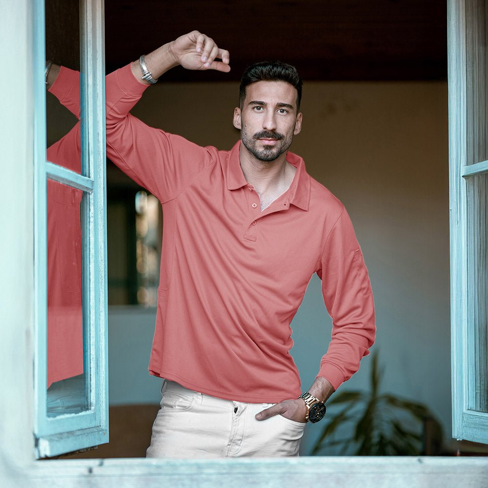 Grey Pink Men's Quick Dry Tactical Polo - Long Sleeve Performance Shirt - MAGCOMSEN