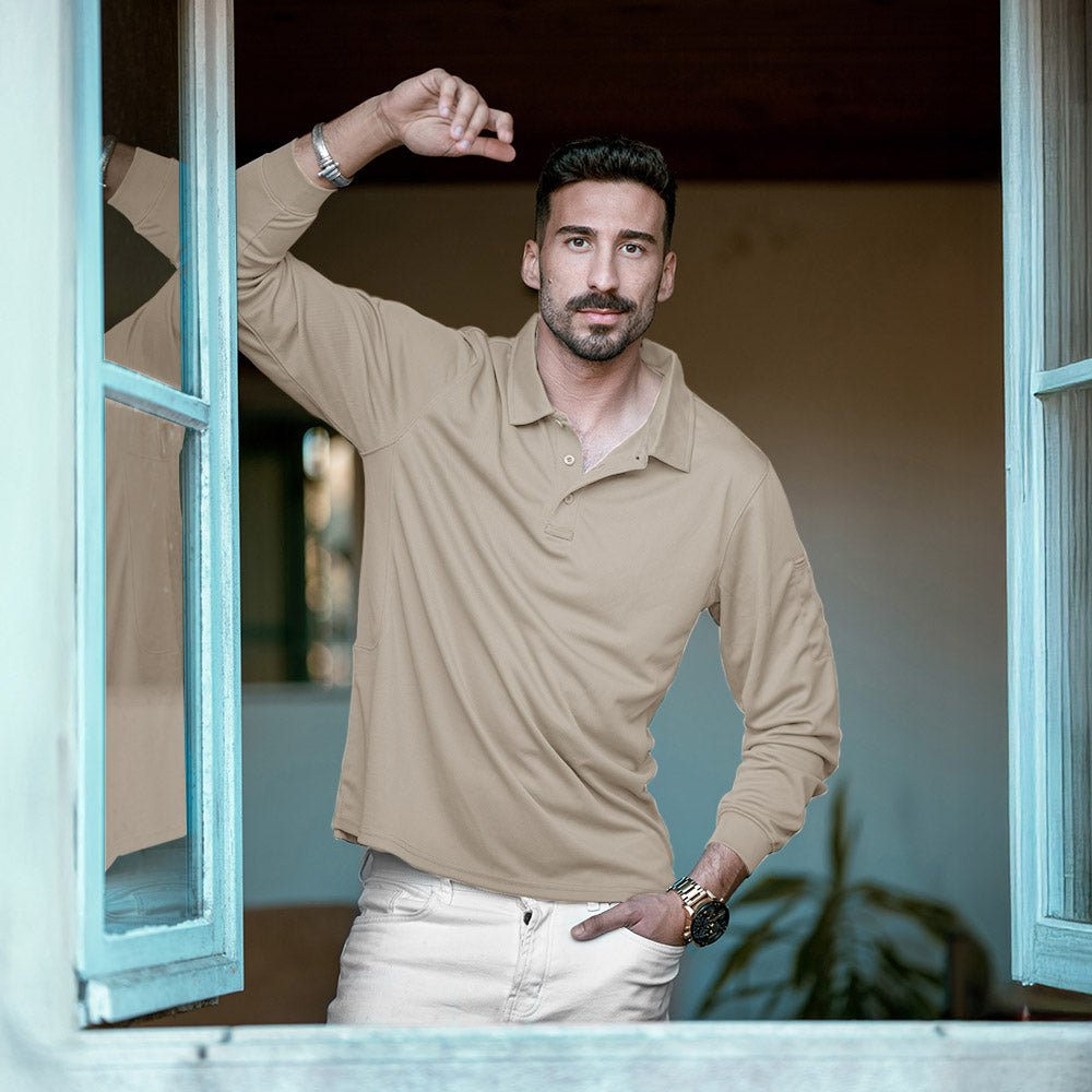 Khaki Men's Quick Dry Tactical Polo - Long Sleeve Performance Shirt - MAGCOMSEN