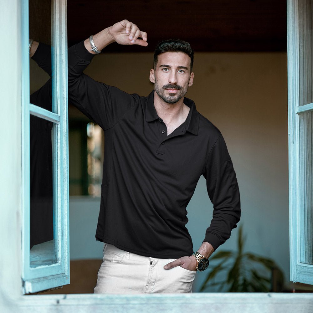 Black Men's Quick Dry Tactical Polo - Long Sleeve Performance Shirt - MAGCOMSEN
