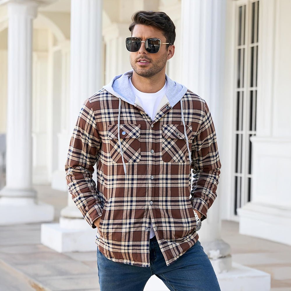 Brown Khaki Men’s Sherpa - Lined Flannel Hoodies – Plaid Winter Jackets - MAGCOMSEN