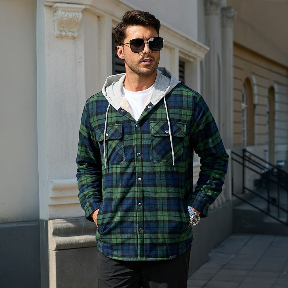 Green Navy Men’s Sherpa - Lined Flannel Hoodies – Plaid Winter Jackets - MAGCOMSEN