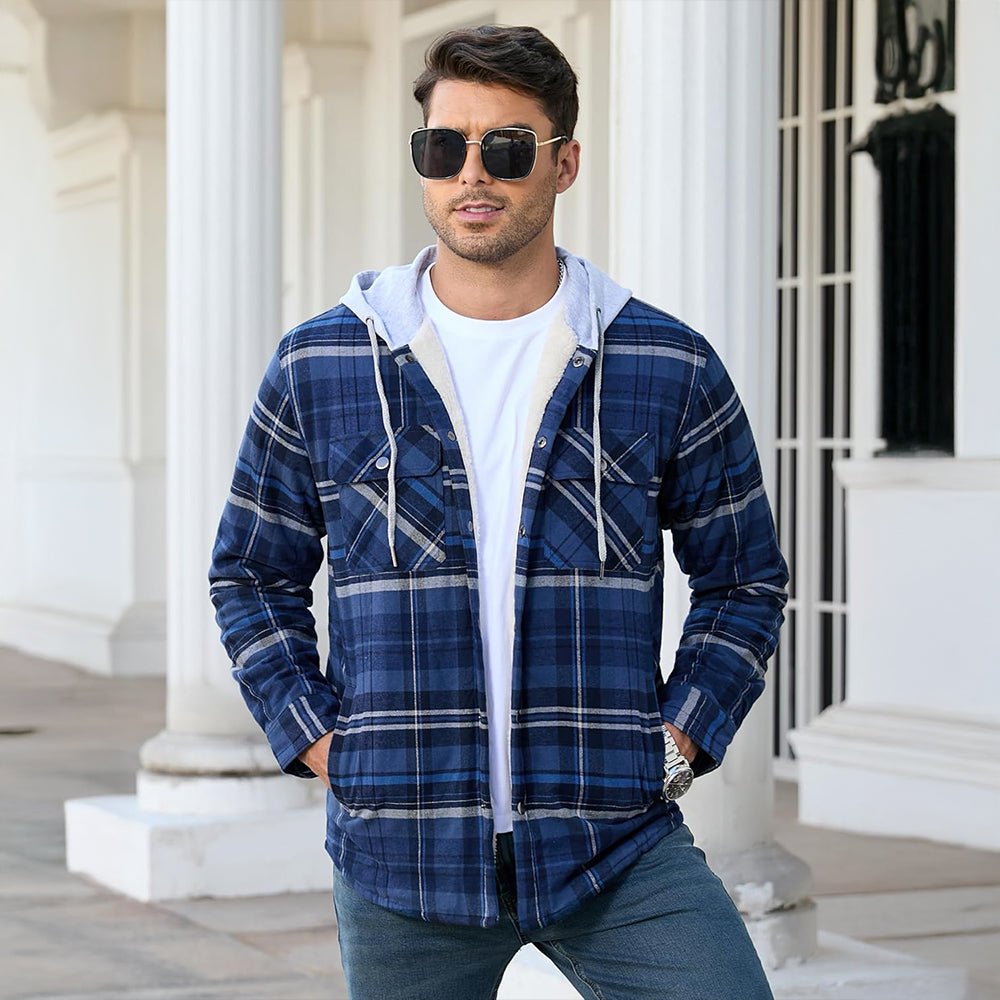 Navy Grey Men’s Sherpa - Lined Flannel Hoodies – Plaid Winter Jackets - MAGCOMSEN