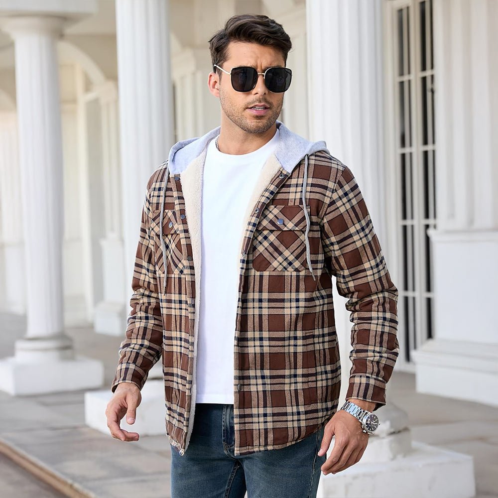 Brown Khaki Men’s Sherpa - Lined Flannel Hoodies – Plaid Winter Jackets - MAGCOMSEN
