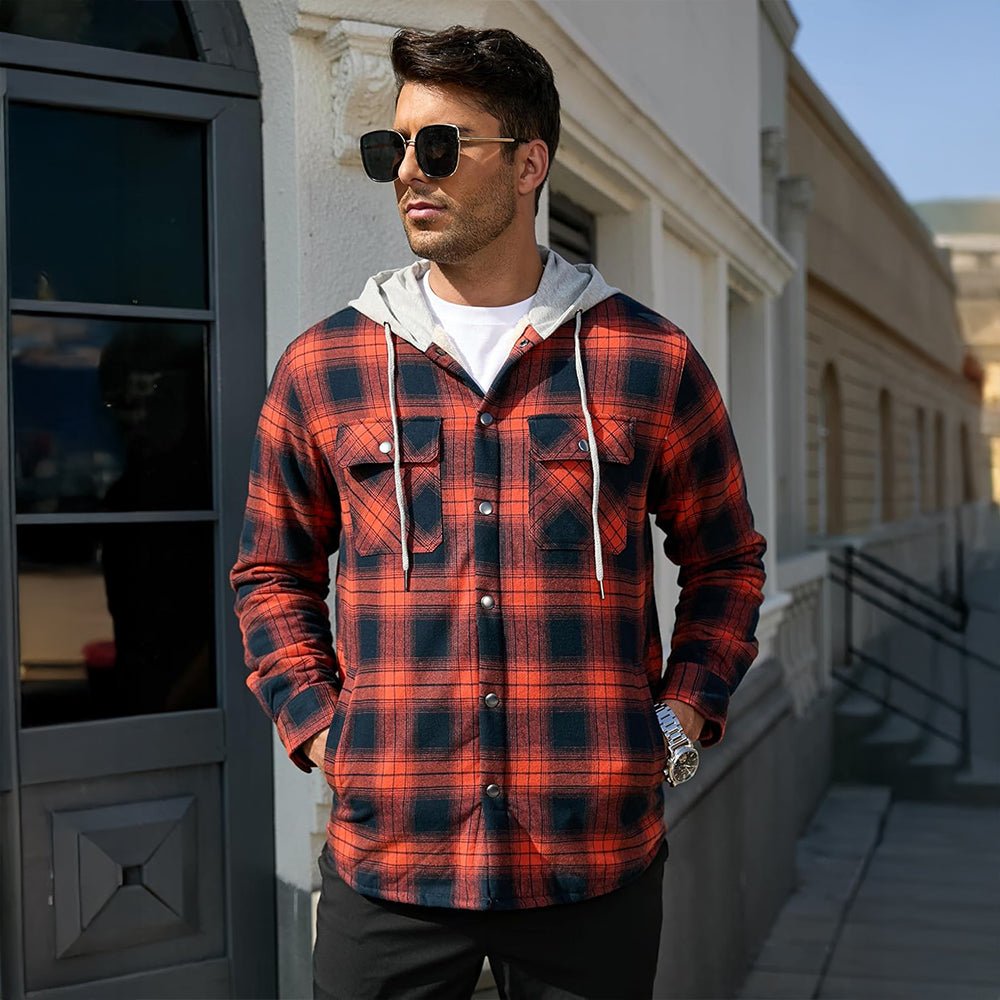Orange Navy Men’s Sherpa - Lined Flannel Hoodies – Plaid Winter Jackets - MAGCOMSEN