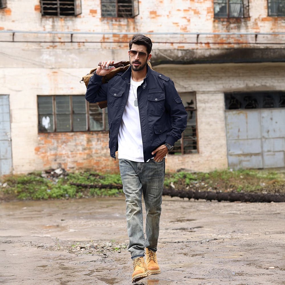 Navy Men's Tactical Cargo Jackets Stand Collar Cotton Casual Jacket - MAGCOMSEN