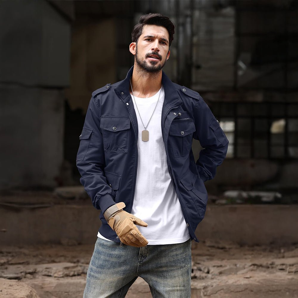 Navy Men's Tactical Cargo Jackets Stand Collar Cotton Casual Jacket - MAGCOMSEN