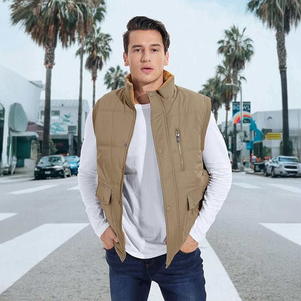 Khaki Men's Warm Fleece Lined Vest Outerwear Sleeveless Jacket - MAGCOMSEN