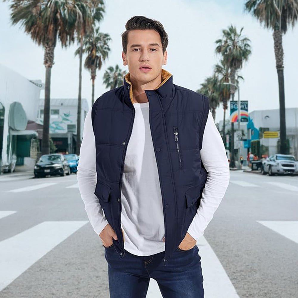 Navy Men's Warm Fleece Lined Vest Outerwear Sleeveless Jacket - MAGCOMSEN