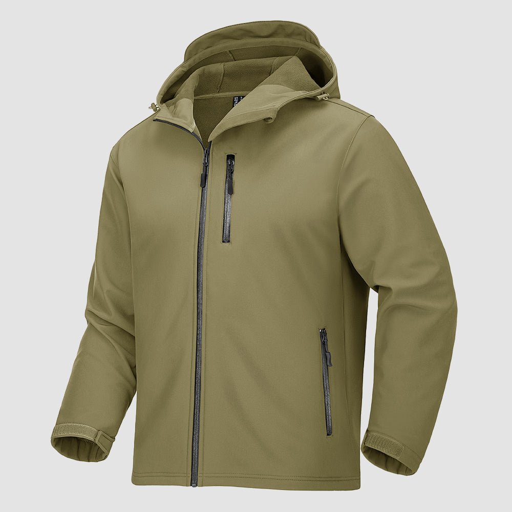 Khaki Men's Waterproof Fleece - Lined Winter Jacket - Lightweight Hooded Softshell for Hiking - MAGCOMSEN