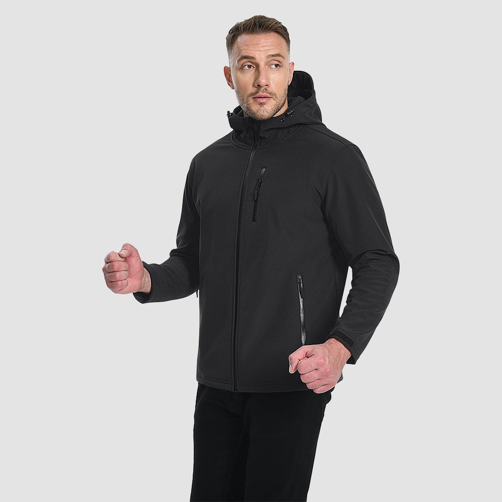 Black Men's Waterproof Fleece - Lined Winter Jacket - Lightweight Hooded Softshell for Hiking - MAGCOMSEN