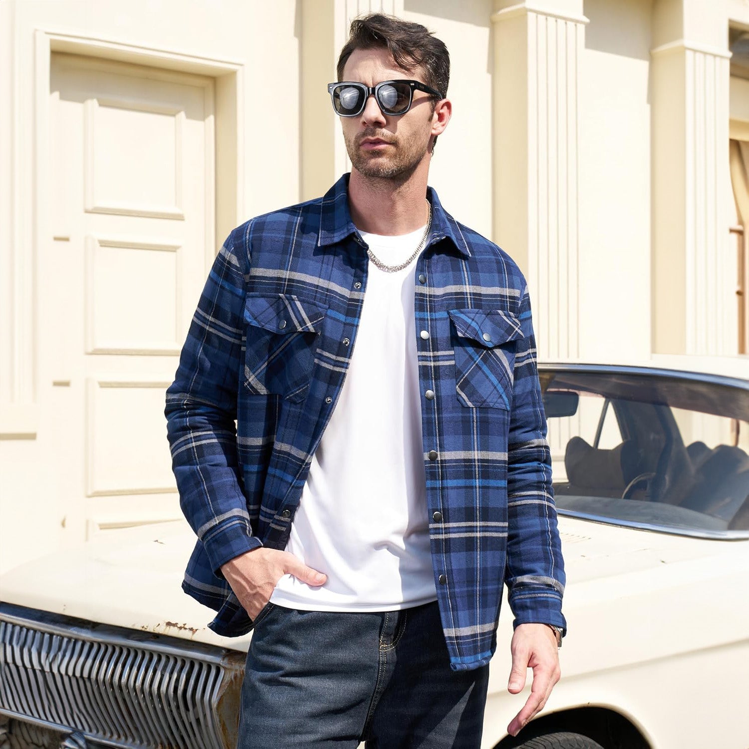 Blue Grey Men's Quilted Flannel Jacket - Warm Winter Padded Shirt - MAGCOMSEN