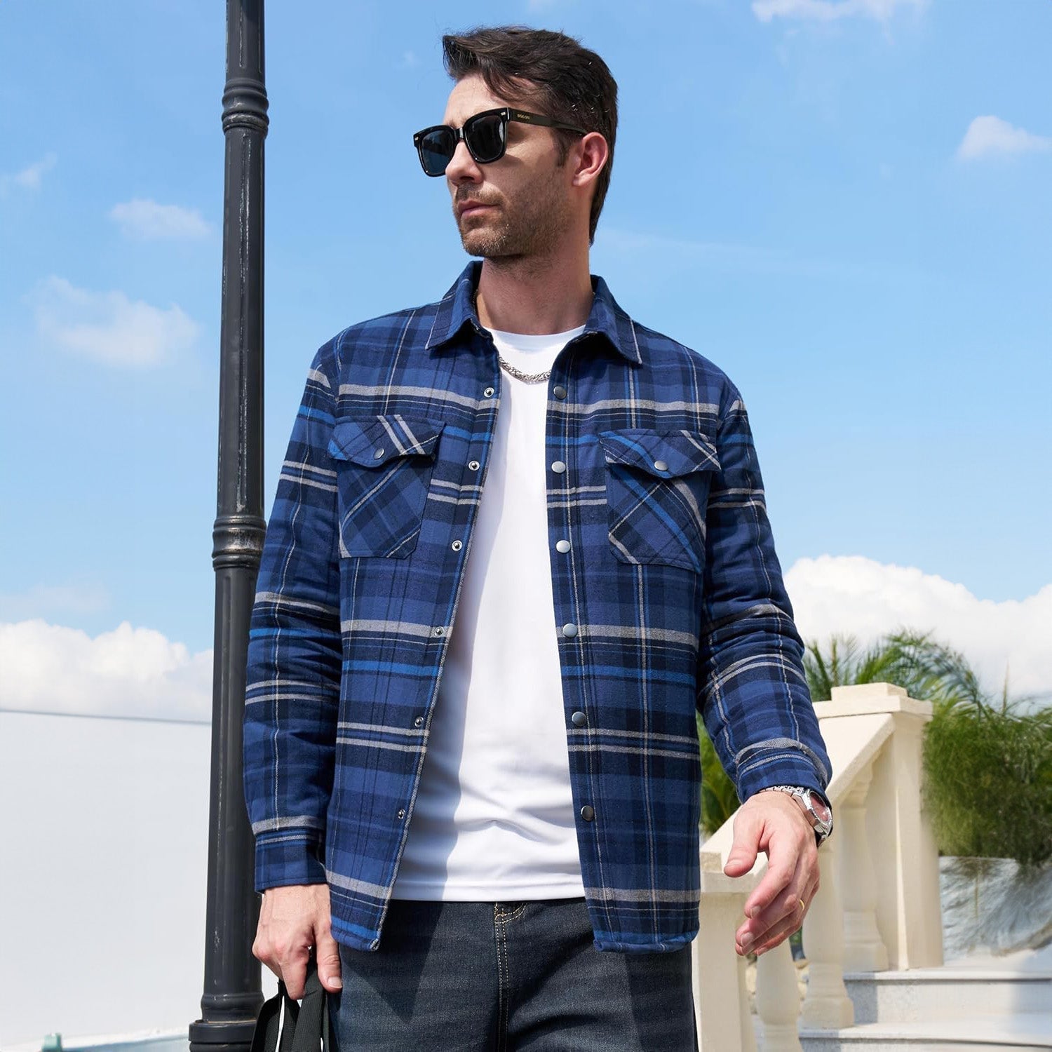 Blue Grey Men's Quilted Flannel Jacket - Warm Winter Padded Shirt - MAGCOMSEN