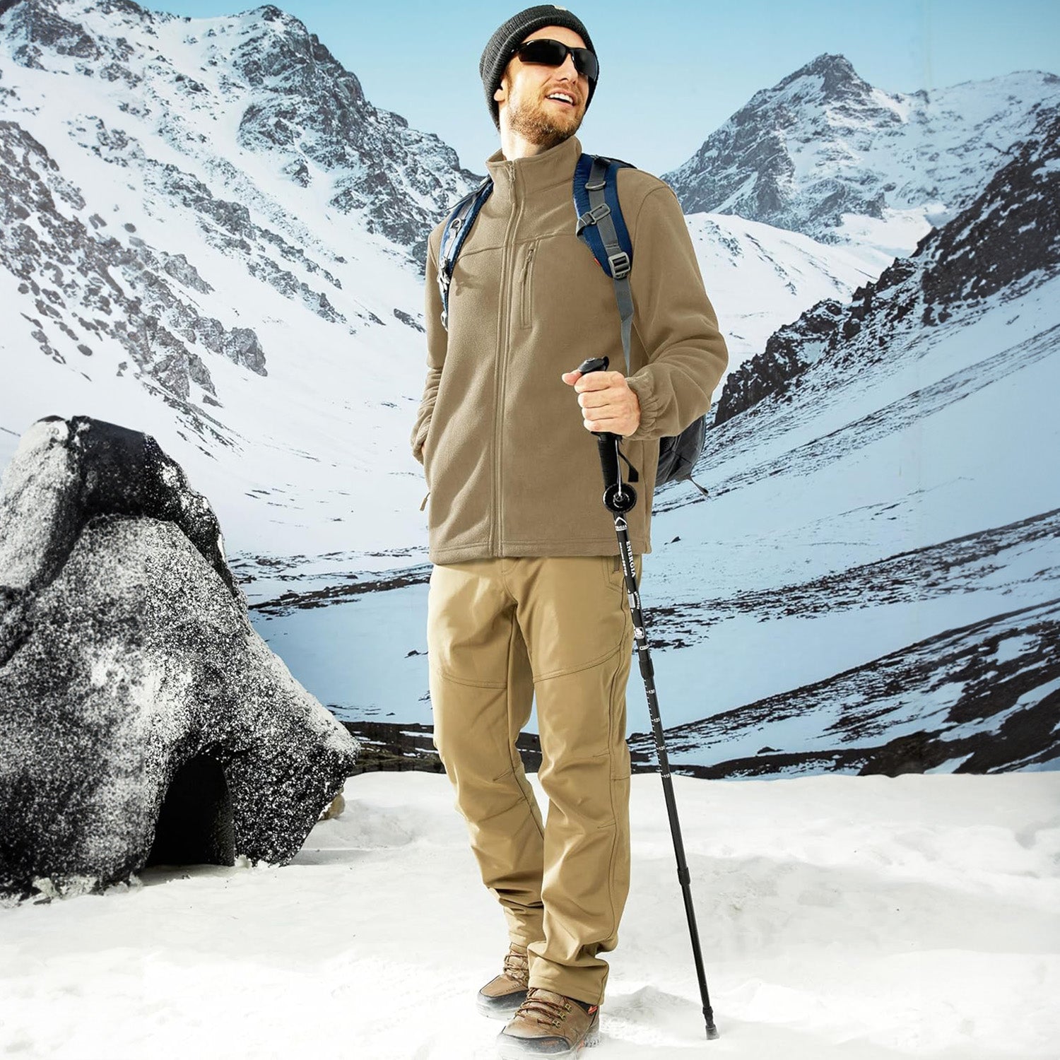 Khaki Men's Winter Fleece Jacket with 3 Pockets for Hiking & Outdoor
