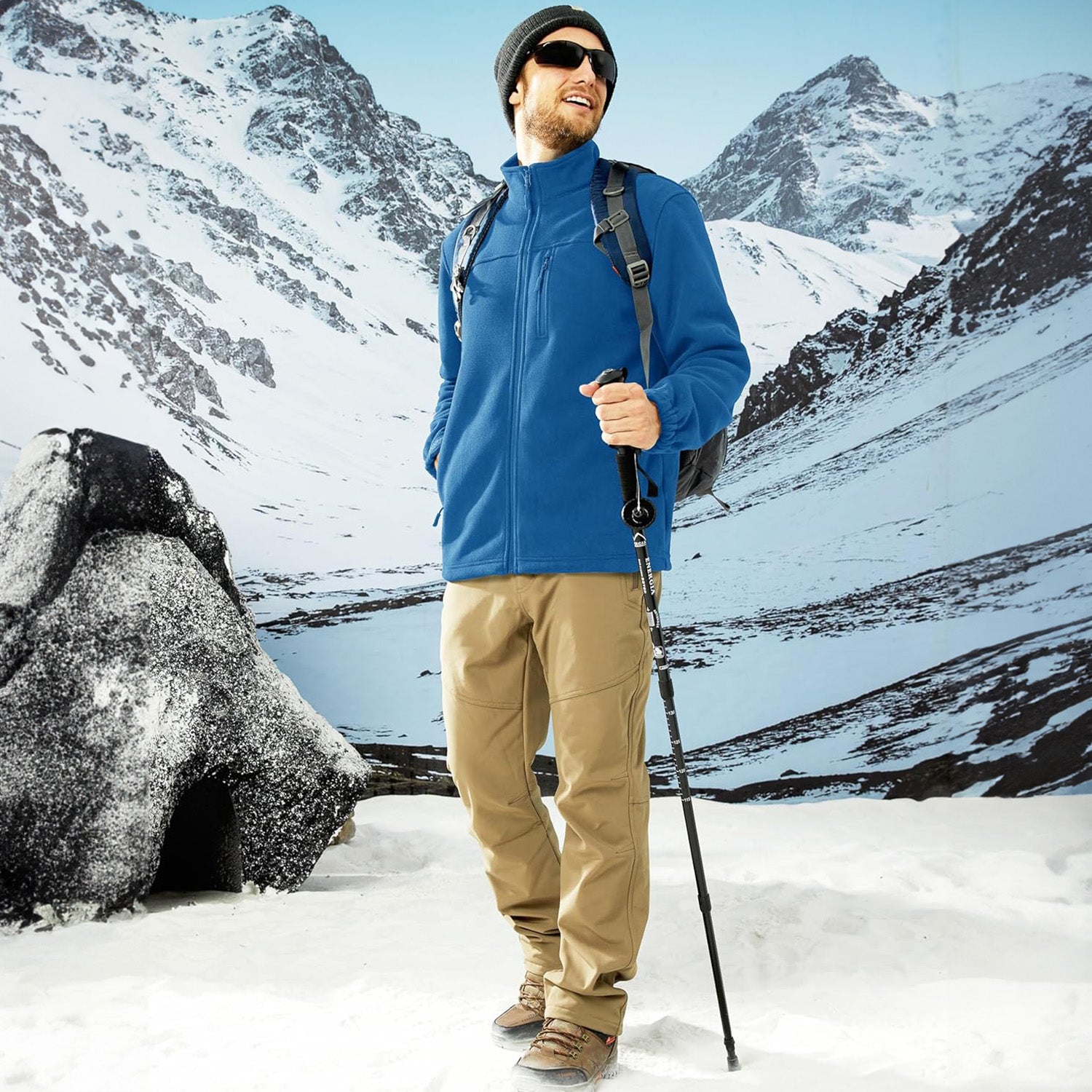 Blue Green Men's Winter Fleece Jacket with 3 Pockets for Hiking & Outdoor