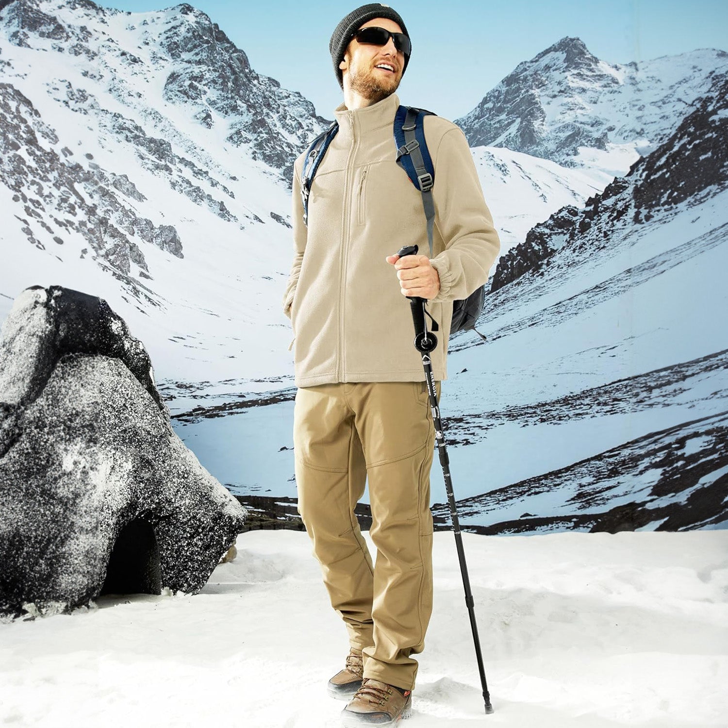 Beige Men's Winter Fleece Jacket with 3 Pockets for Hiking & Outdoor