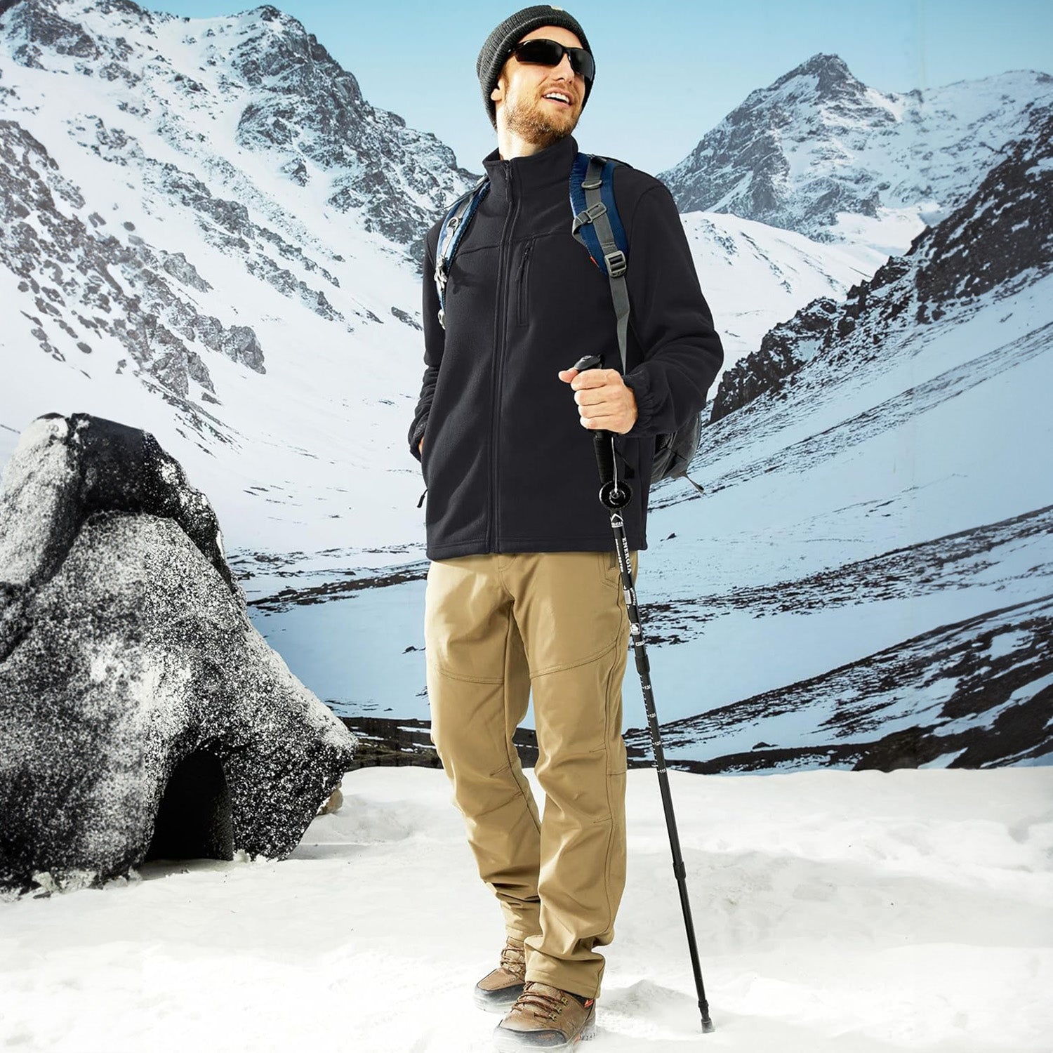 Black Men's Winter Fleece Jacket with 3 Pockets for Hiking & Outdoor