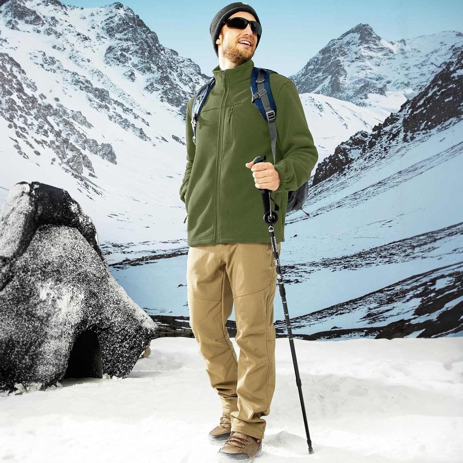 Army Green Men's Winter Fleece Jacket with 3 Pockets for Hiking & Outdoor