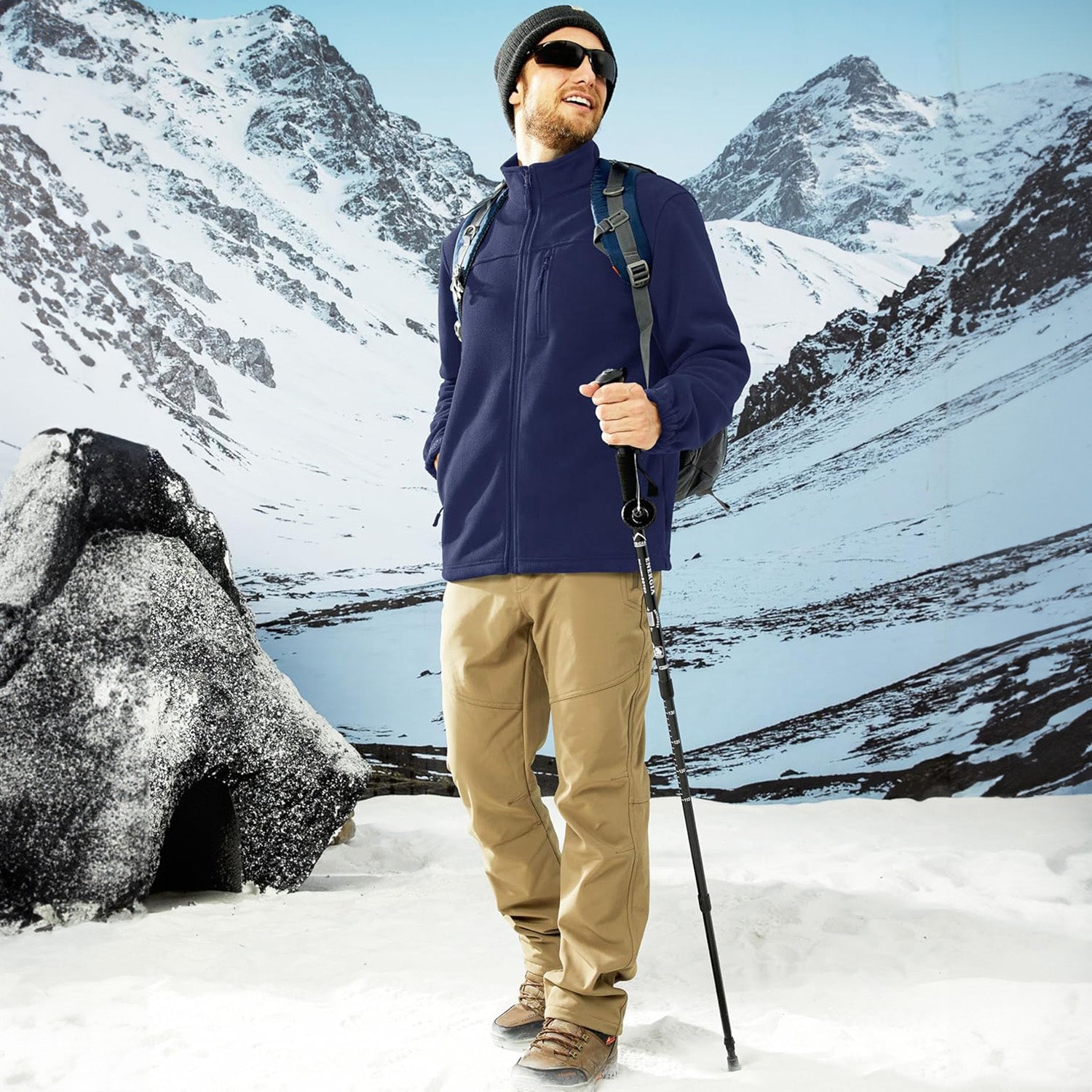 Navy Men's Winter Fleece Jacket with 3 Pockets for Hiking & Outdoor
