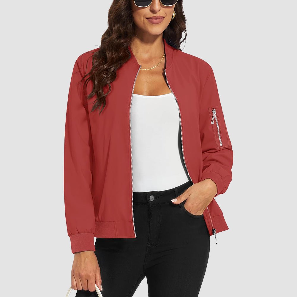 Dark Orange Women's Bomber Jacket with 3 Pockets Spring Windbreaker - MAGCOMSEN