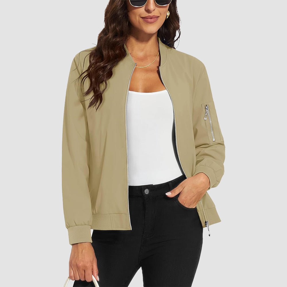 Khaki Women's Bomber Jacket with 3 Pockets Spring Windbreaker - MAGCOMSEN