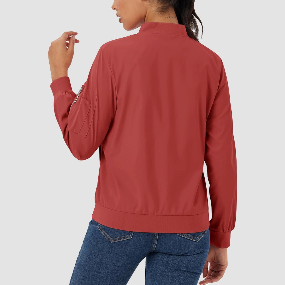Dark Orange Women's Bomber Jacket with 3 Pockets Spring Windbreaker - MAGCOMSEN