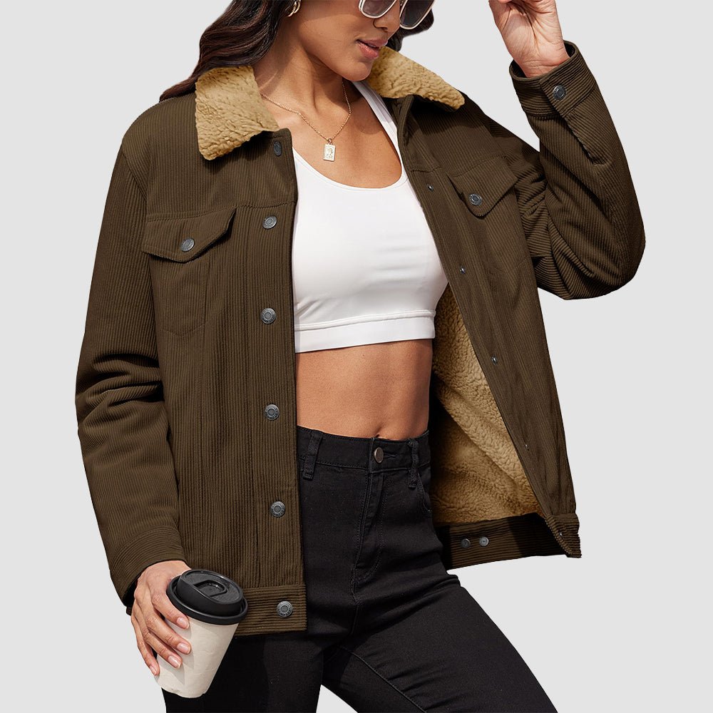 Coffee Women's Corduroy Jacket Sherpa Lined Warm Winter Coat - MAGCOMSEN