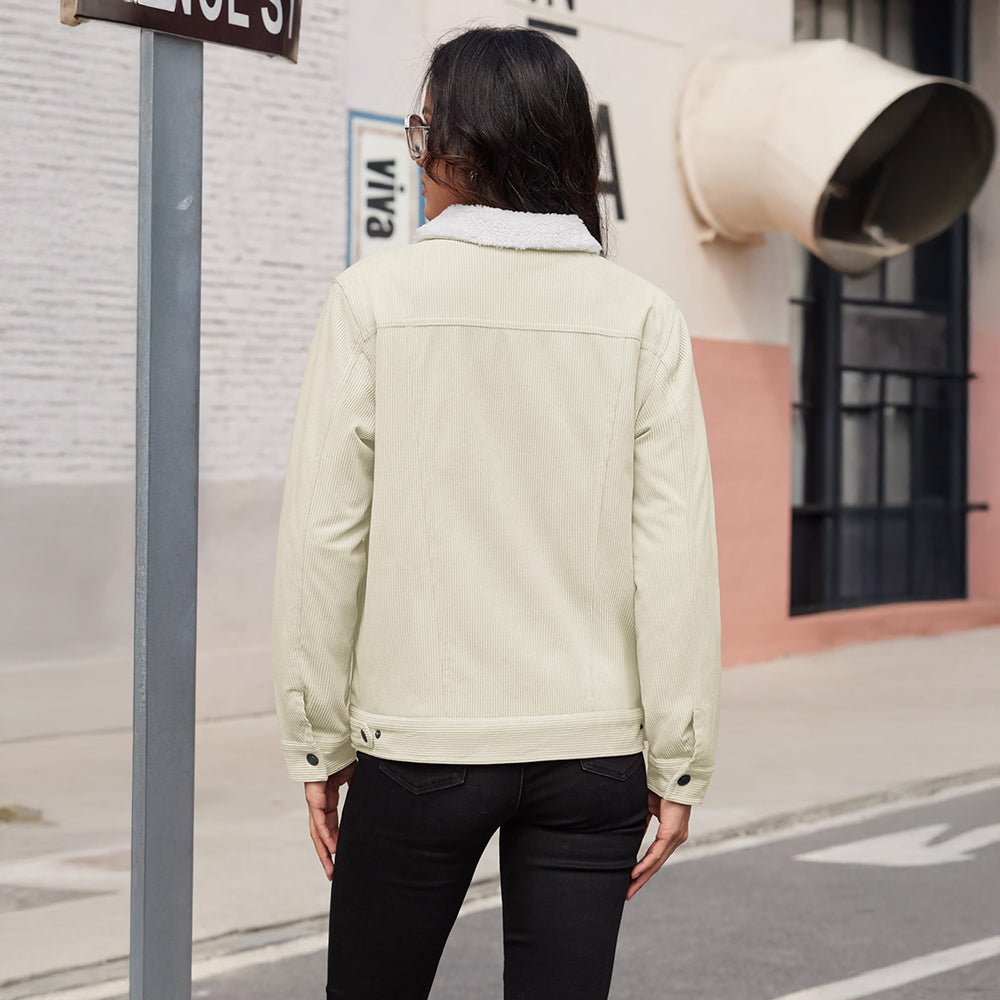 White Women's Corduroy Jacket Sherpa Lined Warm Winter Coat - MAGCOMSEN