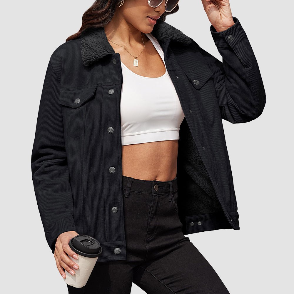 Black Women's Corduroy Jacket Sherpa Lined Warm Winter Coat - MAGCOMSEN