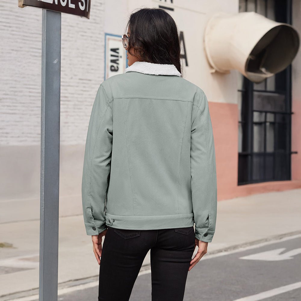 Light Grey Women's Corduroy Jacket Sherpa Lined Warm Winter Coat - MAGCOMSEN