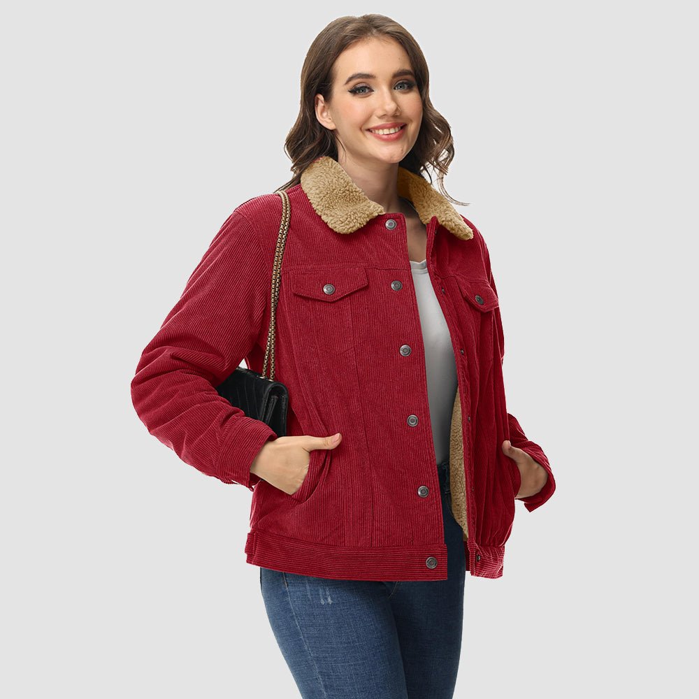 Wine Red Women's Corduroy Jacket Sherpa Lined Warm Winter Coat - MAGCOMSEN