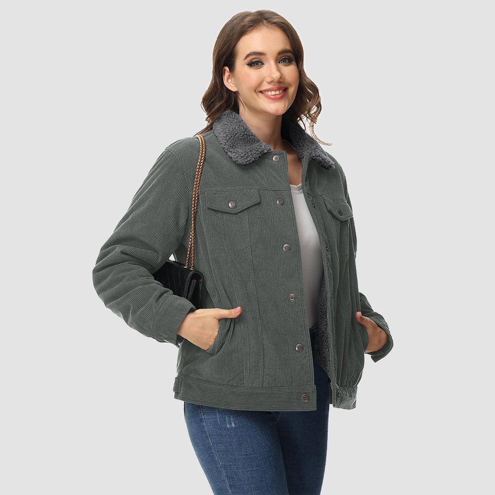 Dark Grey Women's Corduroy Jacket Sherpa Lined Warm Winter Coat - MAGCOMSEN