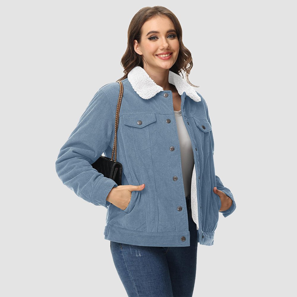 Light Blue Women's Corduroy Jacket Sherpa Lined Warm Winter Coat - MAGCOMSEN