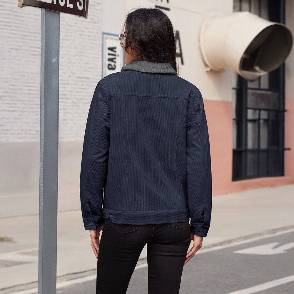 Navy Women's Corduroy Jacket Sherpa Lined Warm Winter Coat - MAGCOMSEN