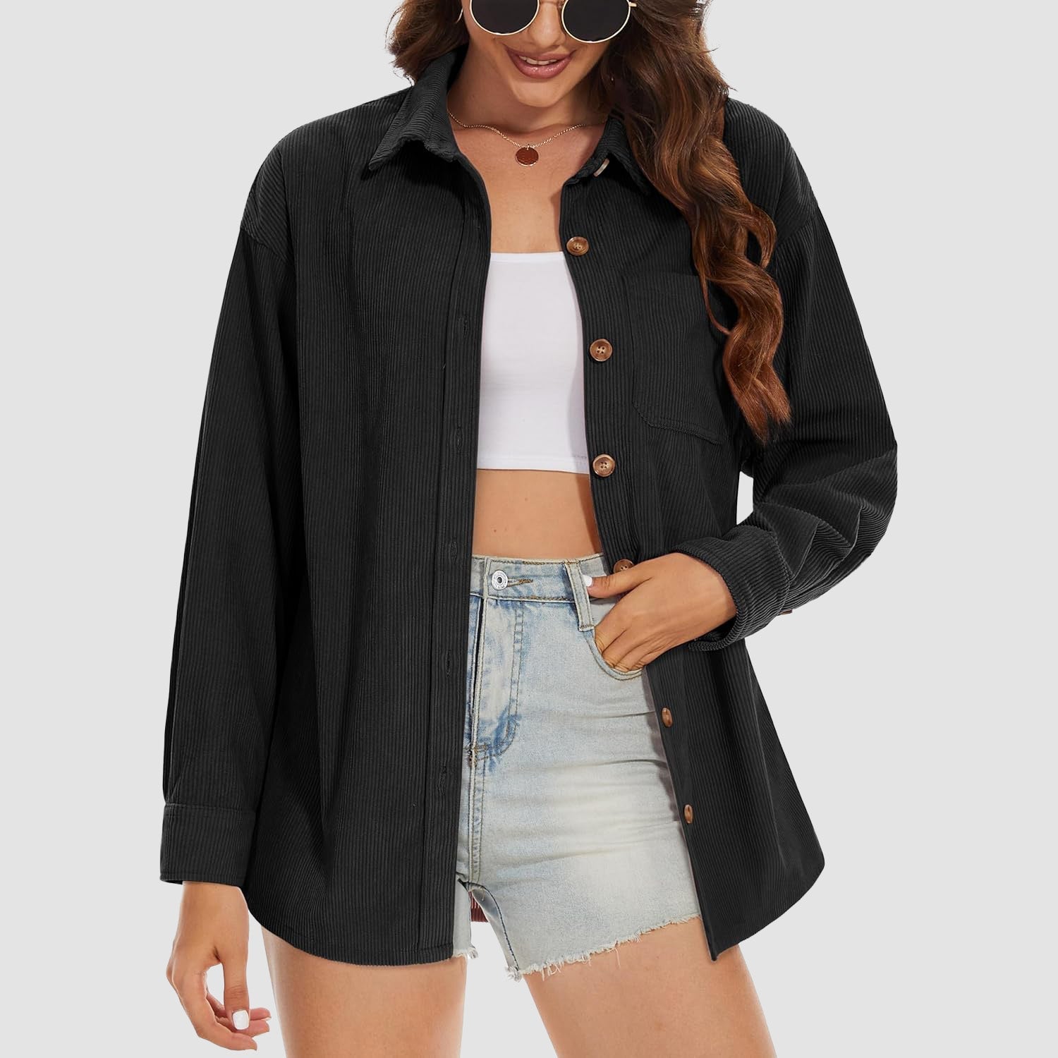 Women's Long Sleeve Corduroy Shirt with Pocket Black
