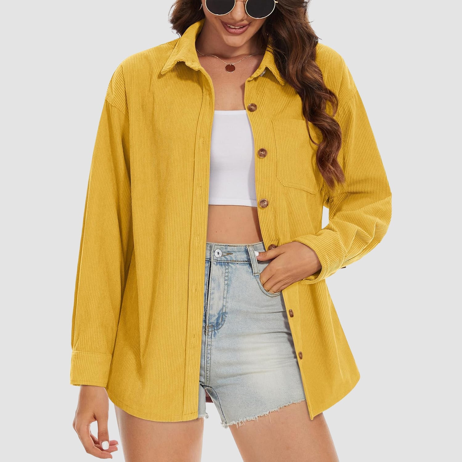Women's Corduroy Shirt Long Sleeve Tops Loose Blouses Shirts with Pocket