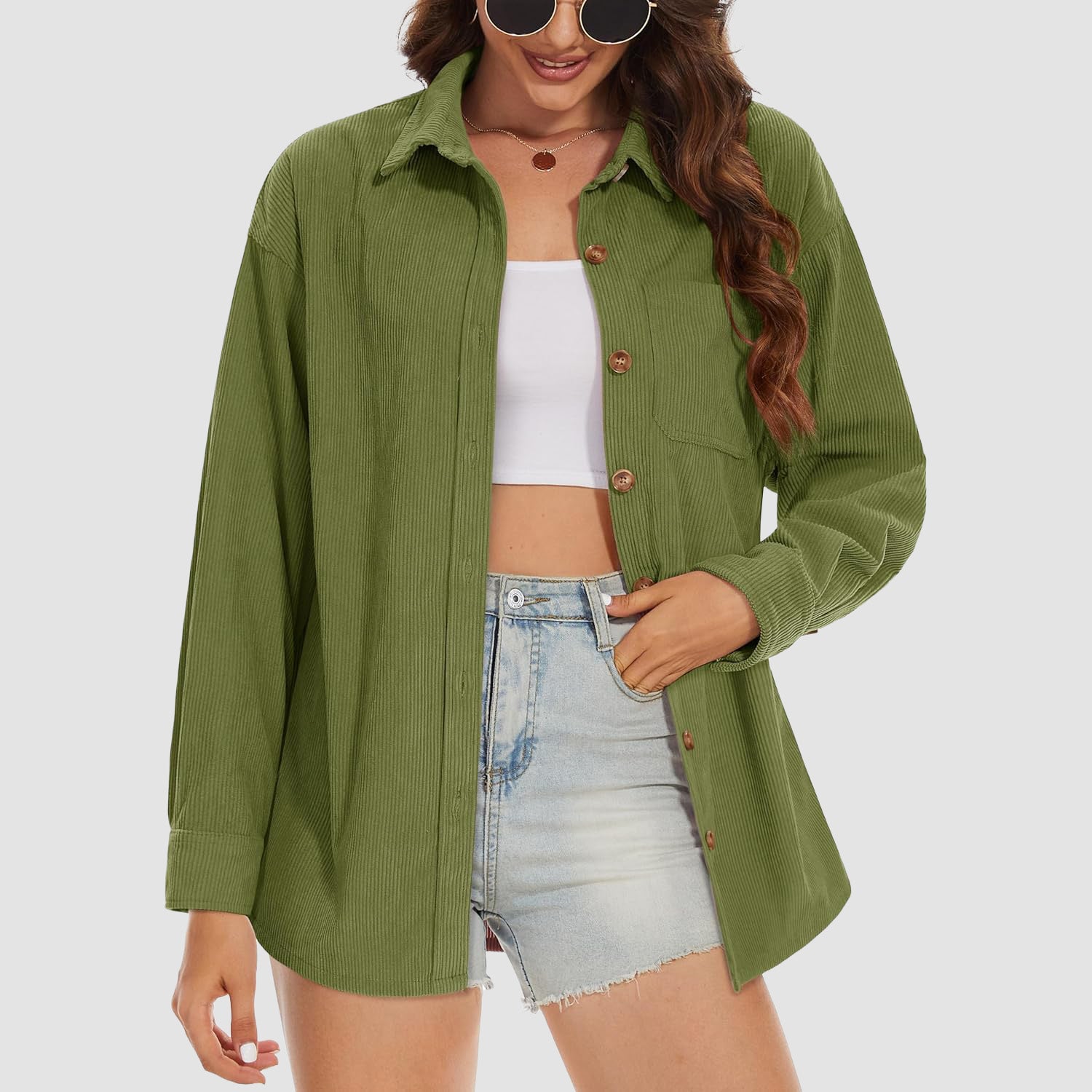 Women's Long Sleeve Corduroy Shirt with Pocket Army Green