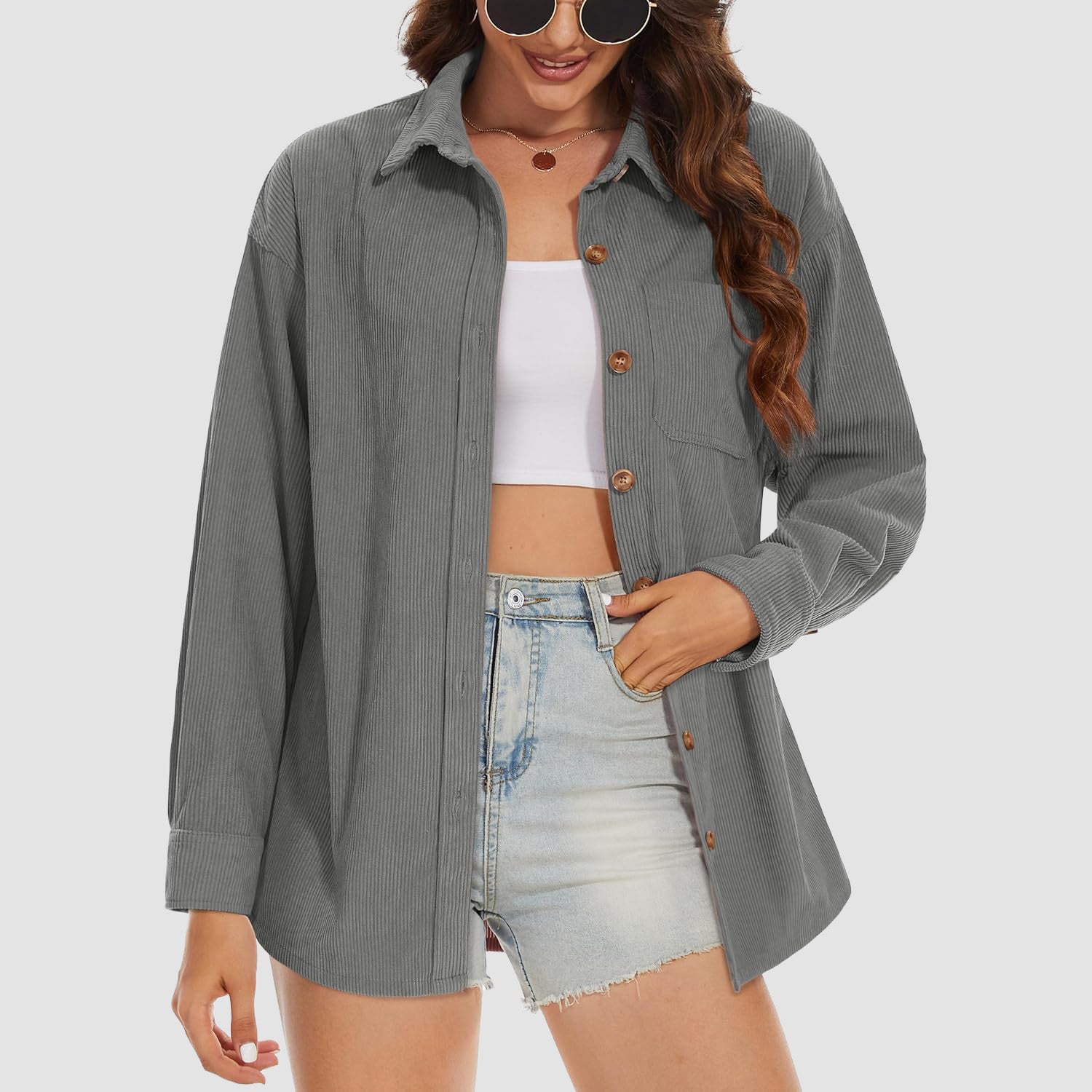 Women's Long Sleeve Corduroy Shirt with Pocket Dark Grey
