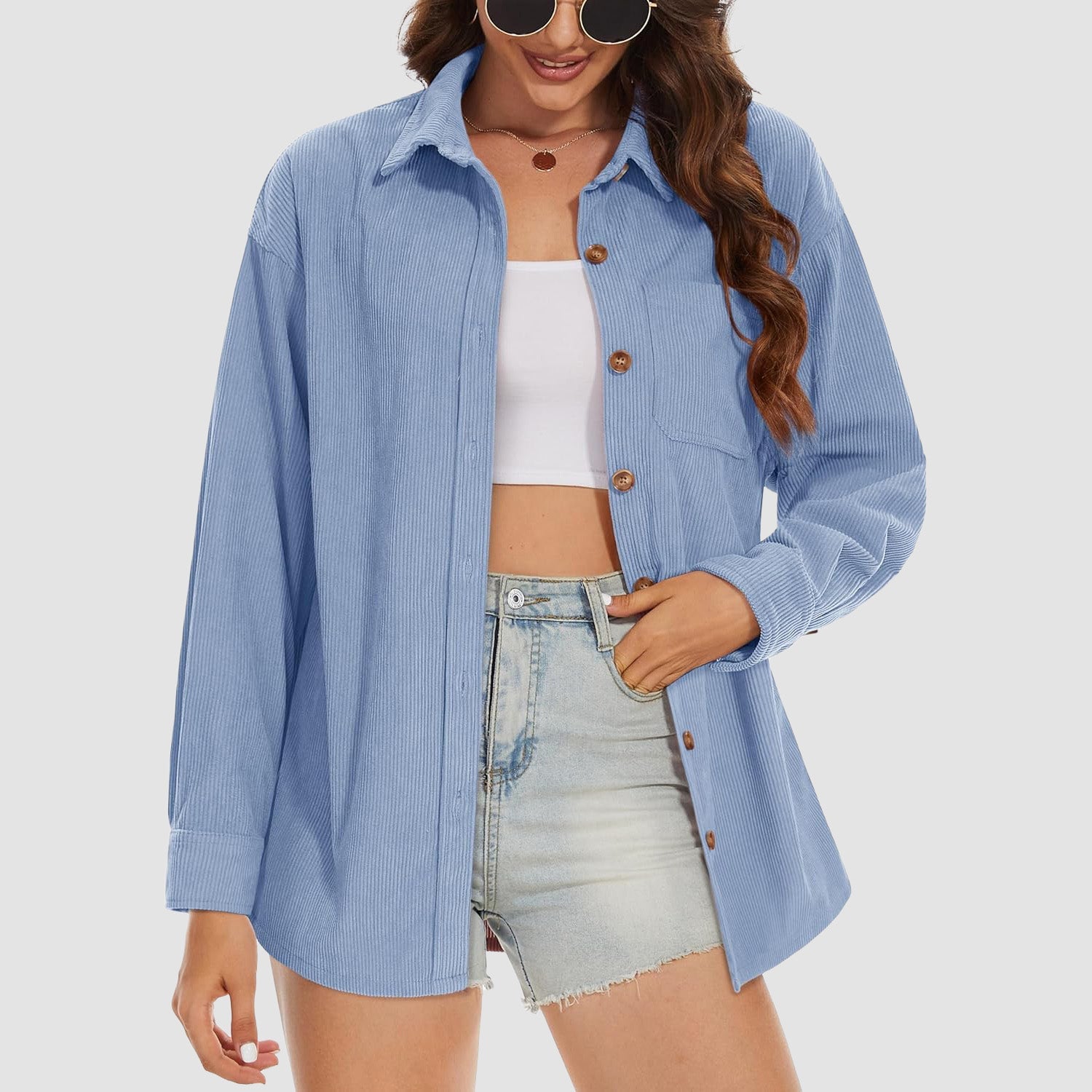 Women's Long Sleeve Corduroy Shirt with Pocket Light Blue