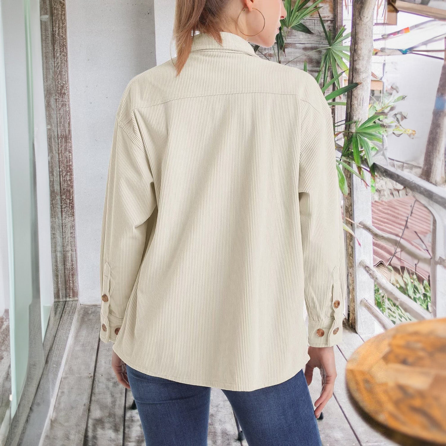 Women's Long Sleeve Corduroy Shirt with Pocket Beige