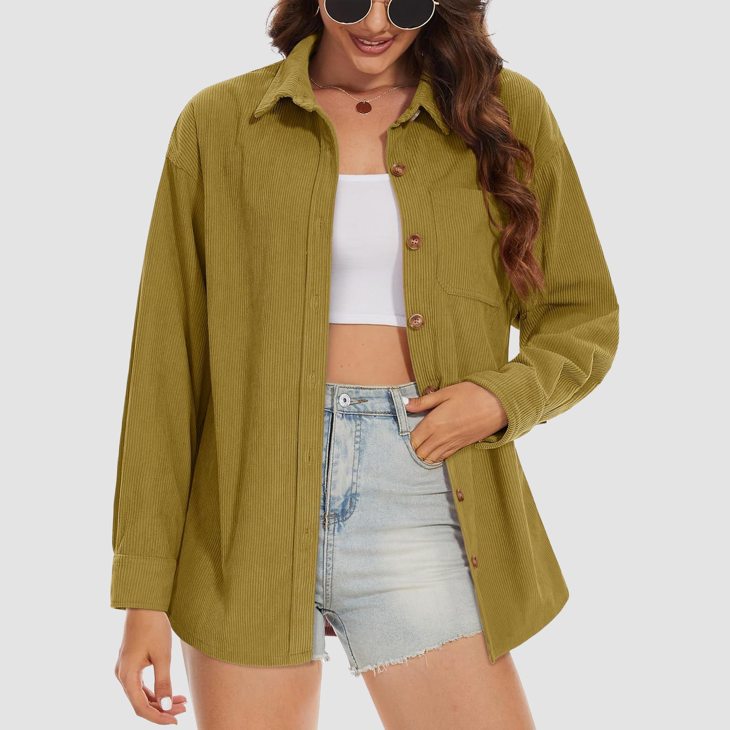 Women's Long Sleeve Corduroy Shirt with Pocket Brown