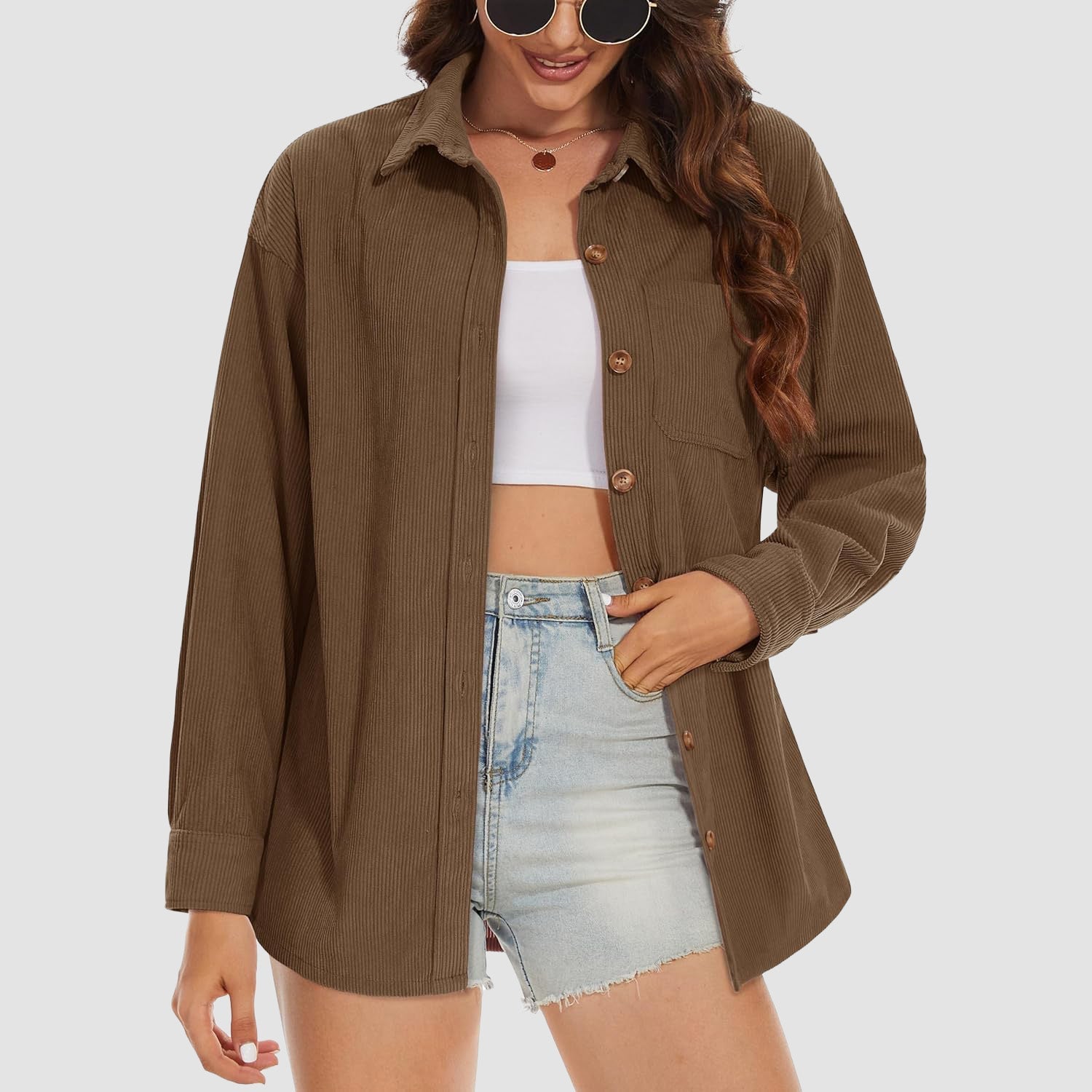 Women's Long Sleeve Corduroy Shirt with Pocket Coffee