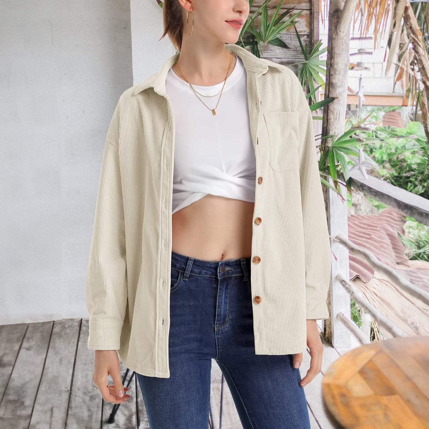 Women's Long Sleeve Corduroy Shirt with Pocket Beige