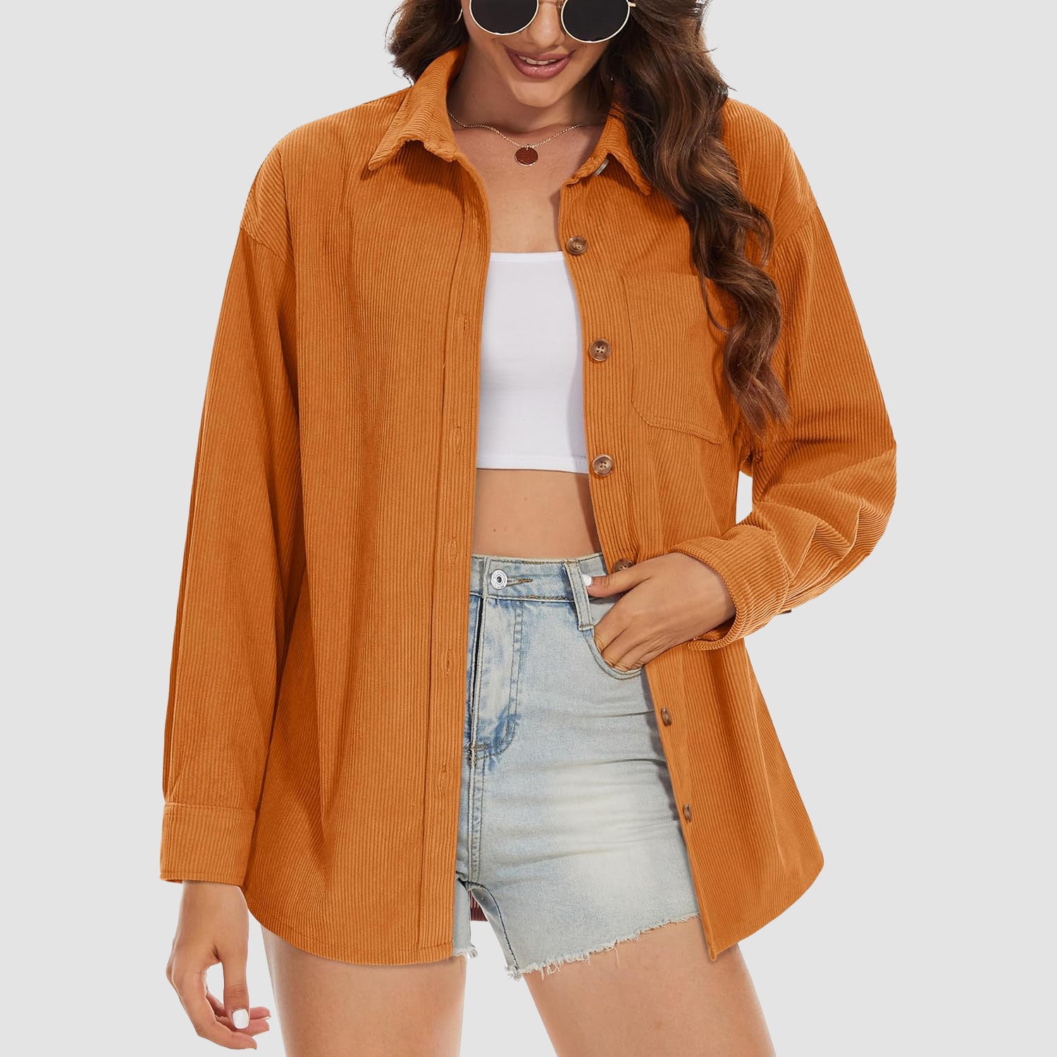 Women's Long Sleeve Corduroy Shirt with Pocket Dark Orange
