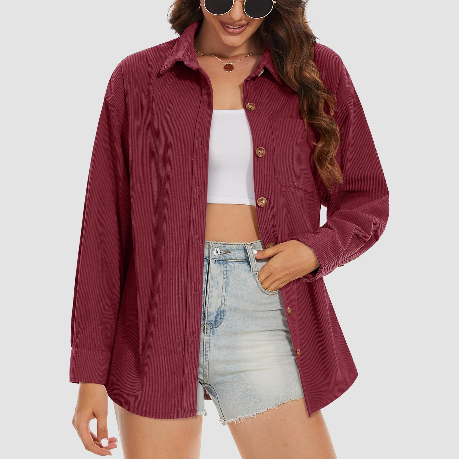Women's Long Sleeve Corduroy Shirt with Pocket Wine