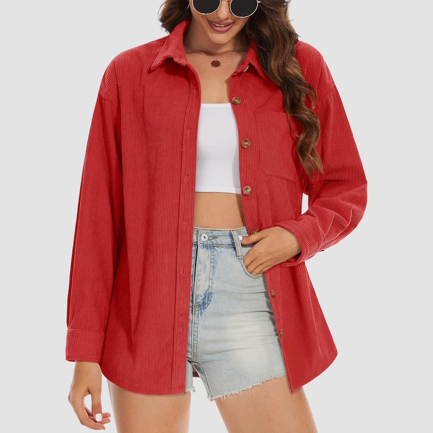 Women's Long Sleeve Corduroy Shirt with Pocket Red