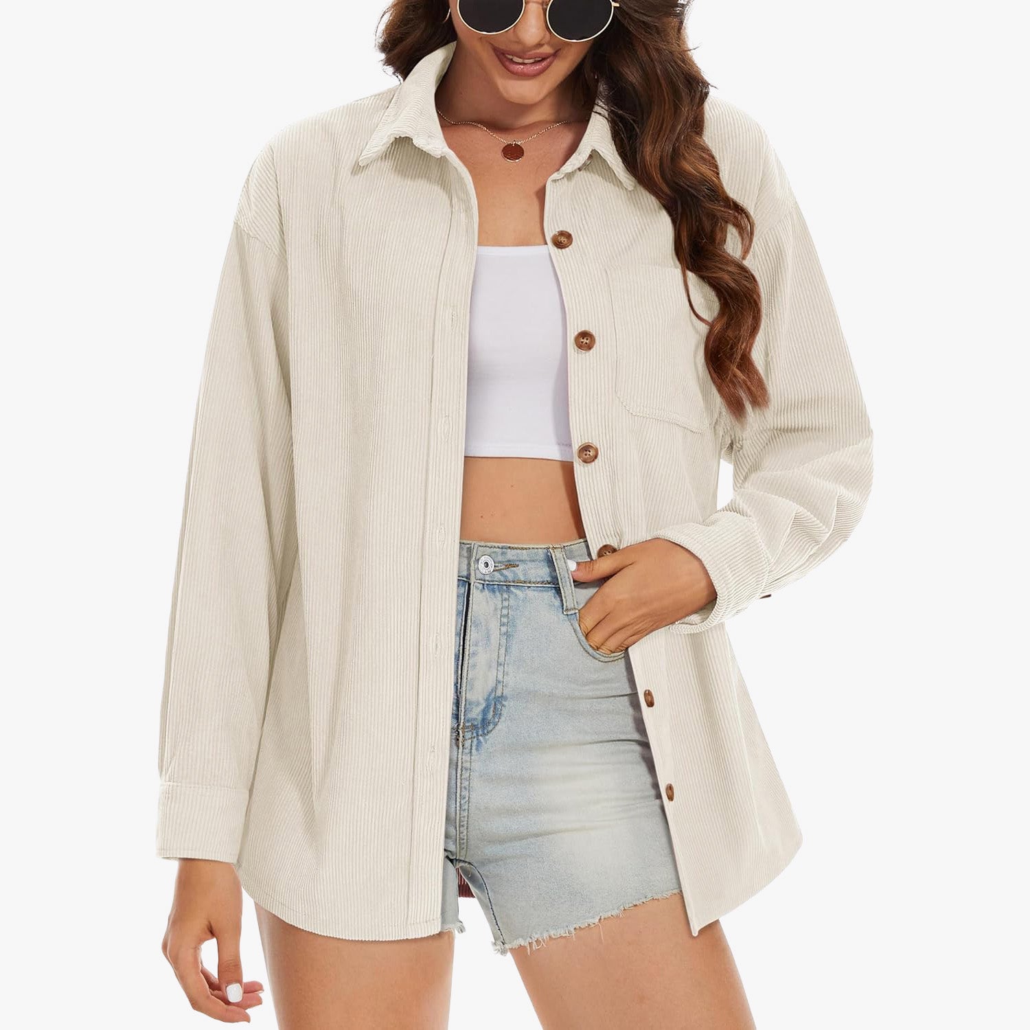 Women's Long Sleeve Corduroy Shirt with Pocket Beige