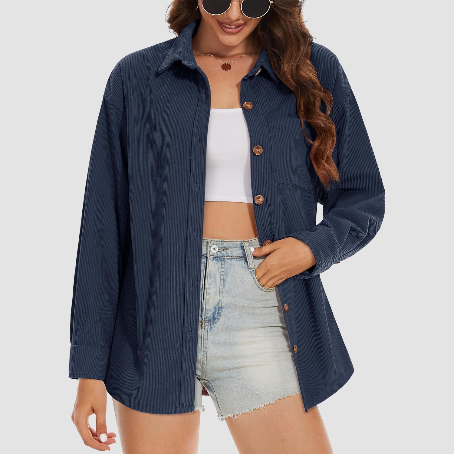 Women's Long Sleeve Corduroy Shirt with Pocket Navy